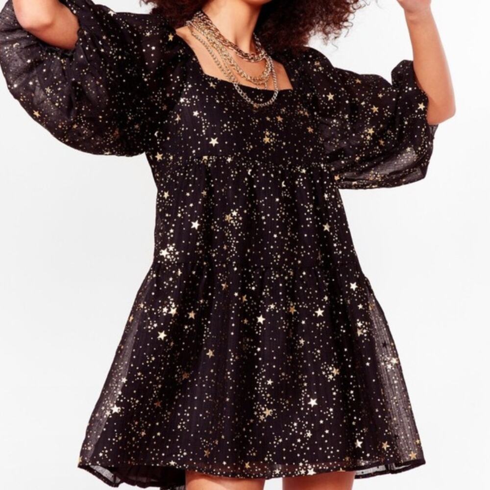 Nasty Gal Metallic Star Print Puff Sleeve Baby Doll Tiered Mini Dress GG13